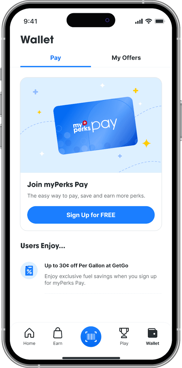 myPerks app screen for digital wallet and myPerks Pay